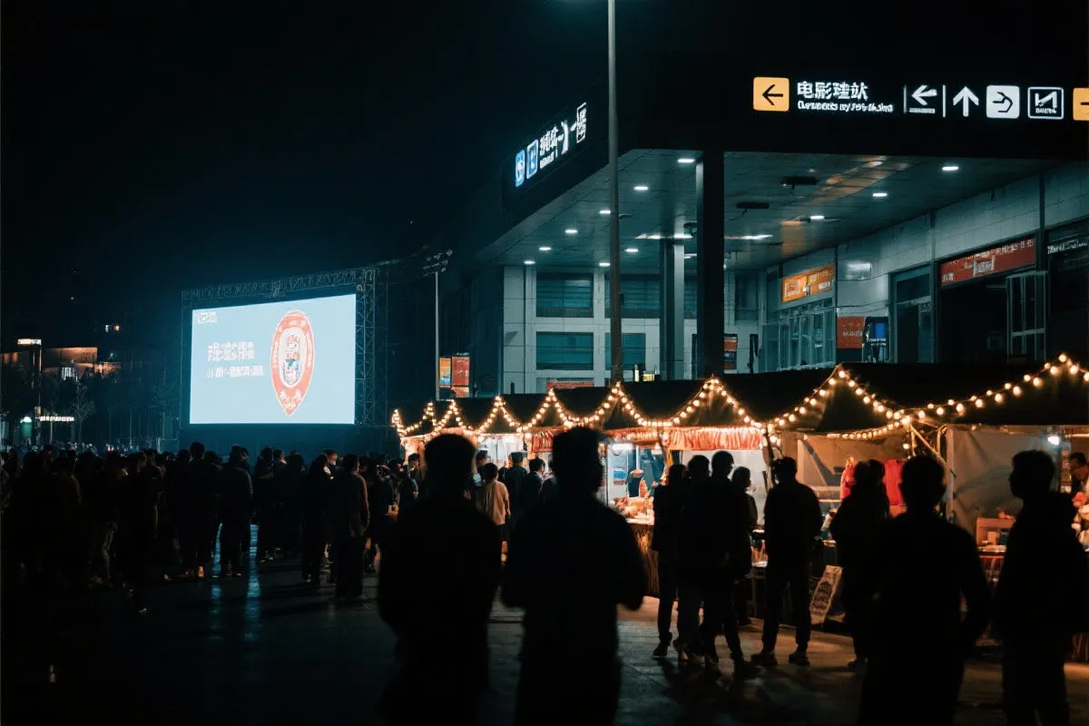 费城球迷广场夜景：大屏观赛人群、步行指示牌与公共交通入口